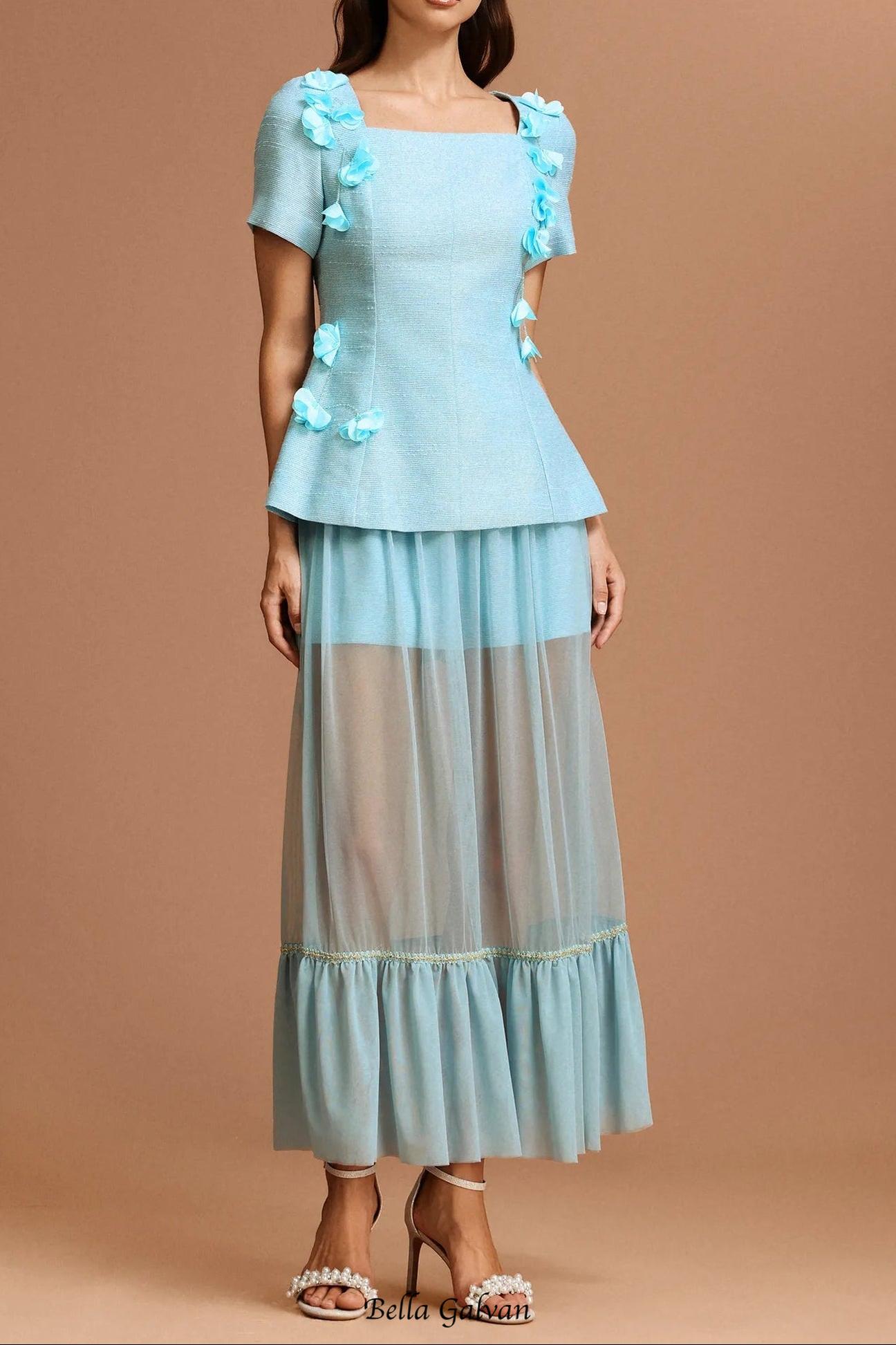 ursula blue Short Sleeves Flowers Folds Top And Skirt Two-Piece Set