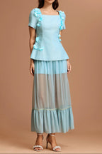 Flowering Girl Women Ursula Blue Short Sleeves Flowers Folds Top And Skirt Two-Piece Set