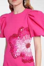 Flowering Girl Women Sequin Flower Embellished Puff Sleeve Midi Dress In Pink
