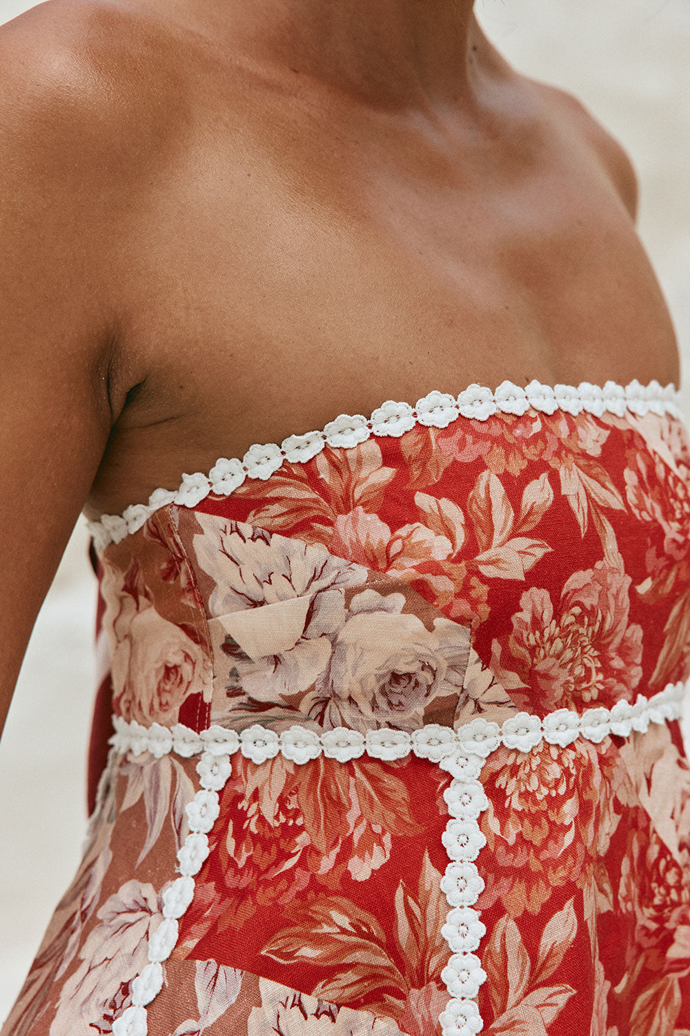 Flowering Girl Women Linen lace-trim print strapless top shorts set - red