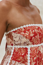 Flowering Girl Women Linen lace-trim print strapless top shorts set - red