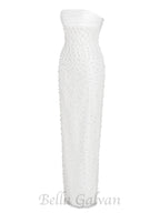 Flowering Girl Women WHITE SATIN SEQUIN PEARLS BEADED MAXI DRESS
