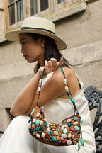 Flowering Girl Women Beaded Crescent Shoulder Bag with Colorful Stone Embellishments