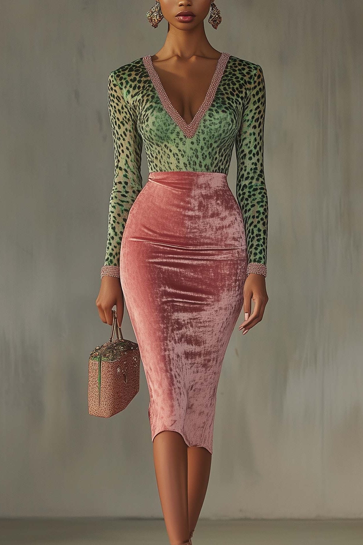 Flowering Girl Women Pink Velvet Bodycon Dress With Patchwork Webbing And Leopard Print