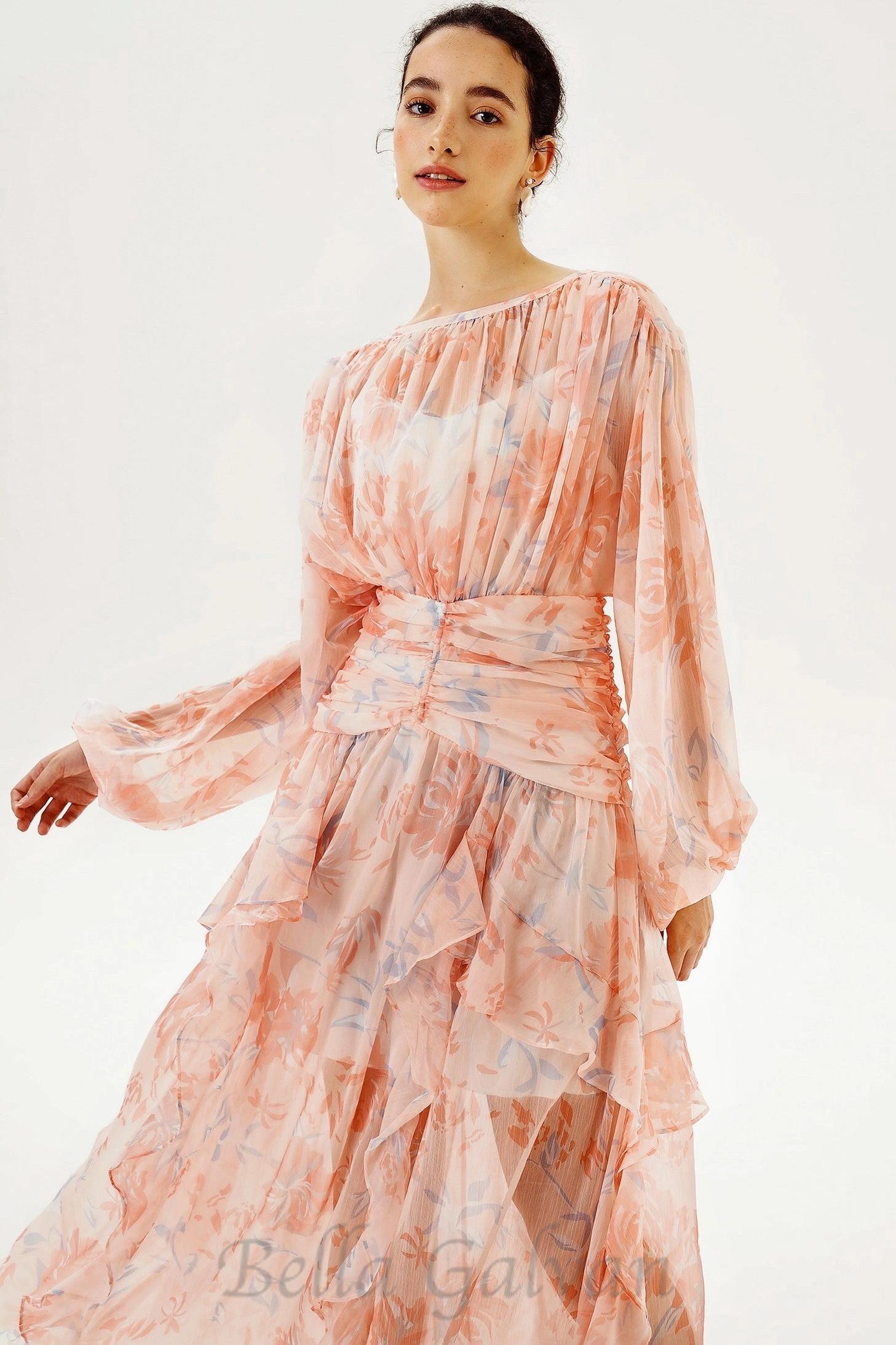 Flowering Girl Women puff long sleeve tiered ruffle hem maxi dress in pink