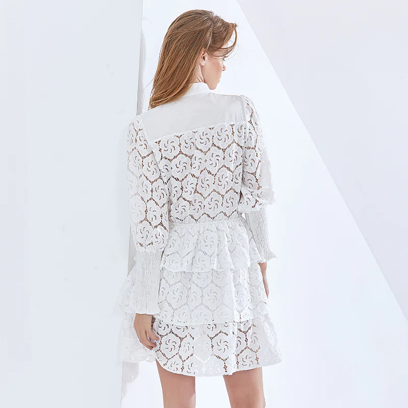 Vanessa Long Sleeves Layered Lace Mini Dress In White