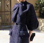 Mildred Tweed Bow Collar Midi Dress In Dark Blue