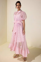 Flowering Girl Women sylvia Rhinestone Puff Sleeve Maxi Dress With Belt - pink