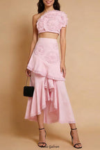nina Ruffled strapless top floral embroidered mermaid skirt set - pink