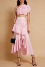 Flowering Girl Women Nina Ruffled Strapless Top Floral Embroidered Mermaid Skirt Set - Pink