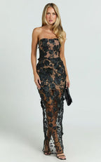 Strapless 3D Floral Mesh Maxi Dress