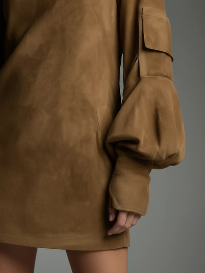 Loose turtleneck mini dress made of suede