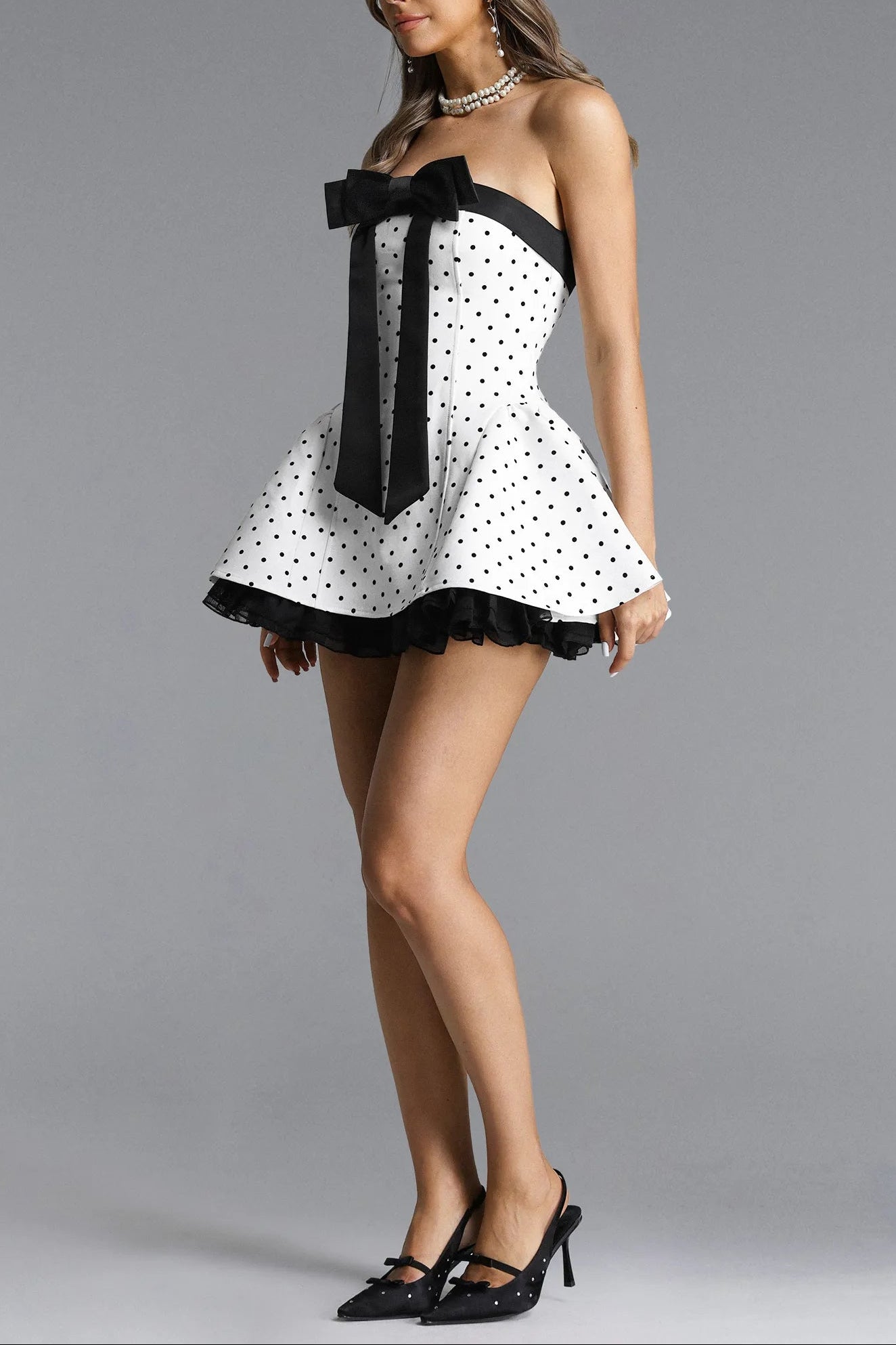 octavia white Bow Polka Dot Woven Strapless Mini Dress