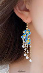 Flowering Girl Women Dave Blue Flower Pearl Earrings