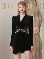 Quintina Black Lace V-Neck Asymmetry Mini Blazer Dress