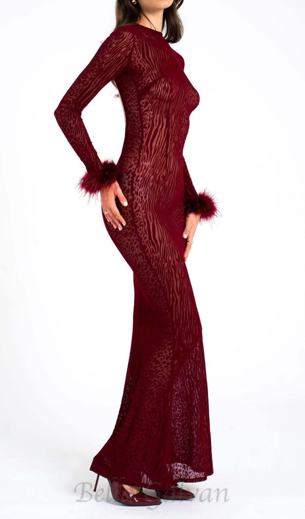 Flowering Girl Women burgundy mesh feather maxi dress