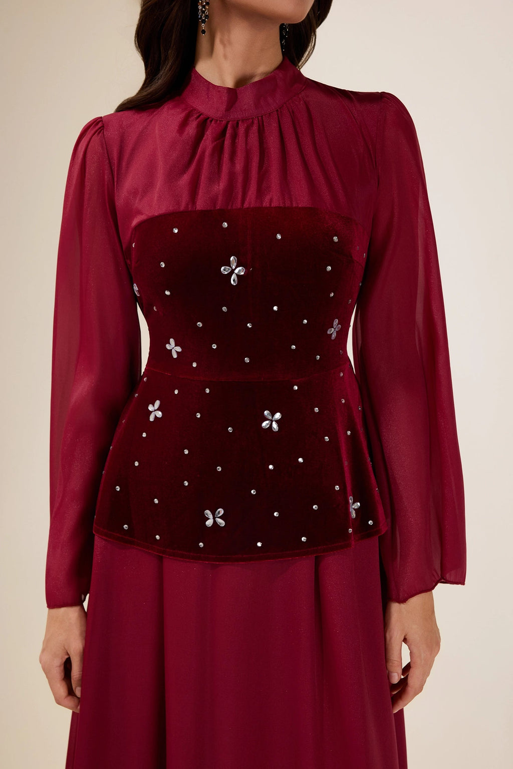 Flowering Girl Women caroline Rhinestone Velvet Splicing Maxi Dress - burgundy