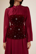 Flowering Girl Women caroline Rhinestone Velvet Splicing Maxi Dress - burgundy