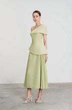 Flowering Girl Women One Shoulder Top Flare Midi Skirt suit in Olive Green