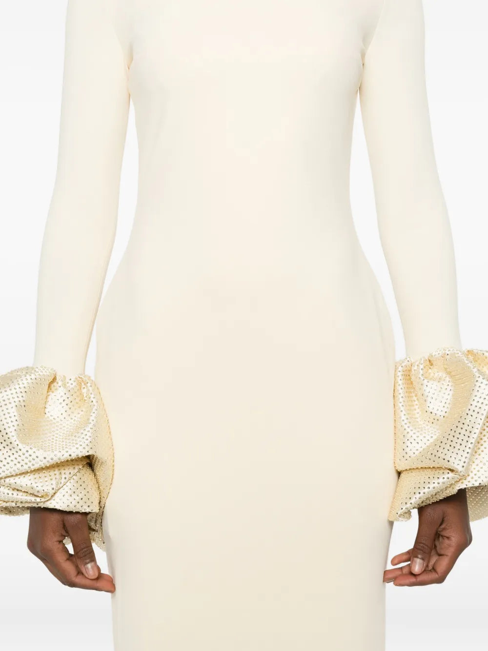 Rachel White Ruffled Crystal-Embellished Crepe Mock-Neck Gown