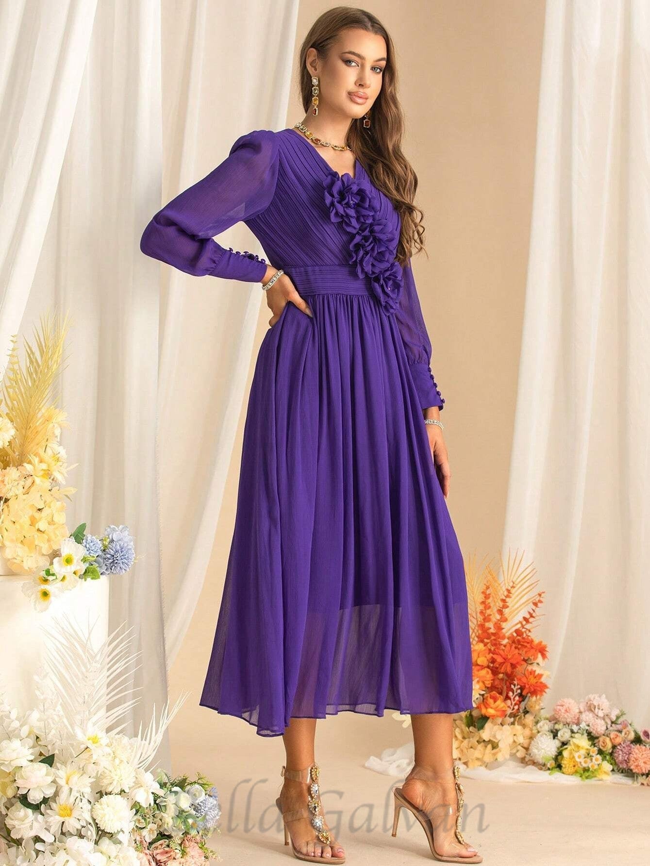 Flowering Girl Women three-dimensional flower v-neck purple chiffon maxi dress