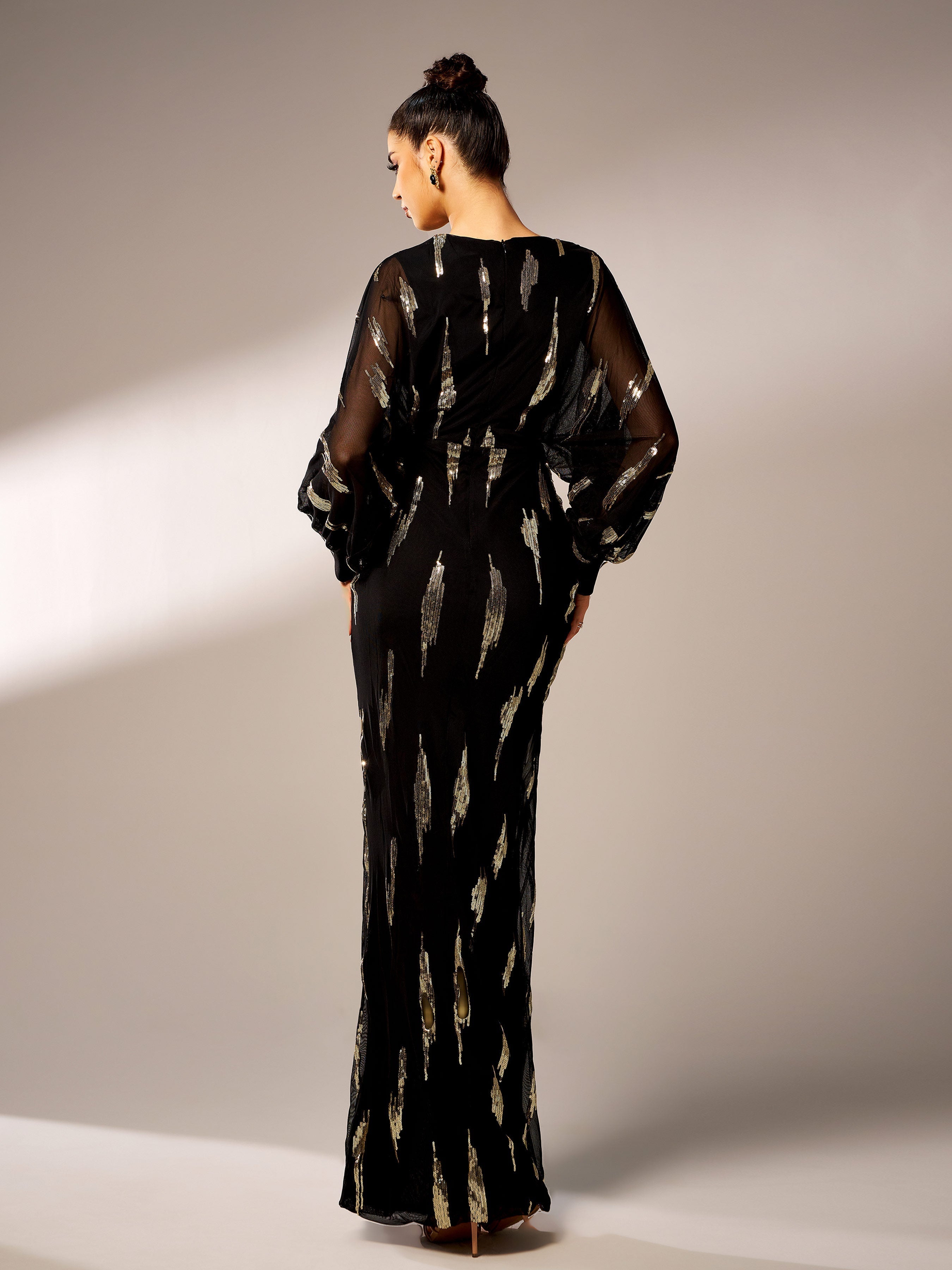 Flowering Girl Women Lantern Sleeve Sequin Prom Dress