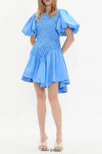 eudora Asymmetric pleated puff sleeve mini dress in mist blue