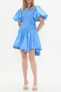 Flowering Girl Women Eudora Asymmetric Pleated Puff Sleeve Mini Dress In Mist Blue