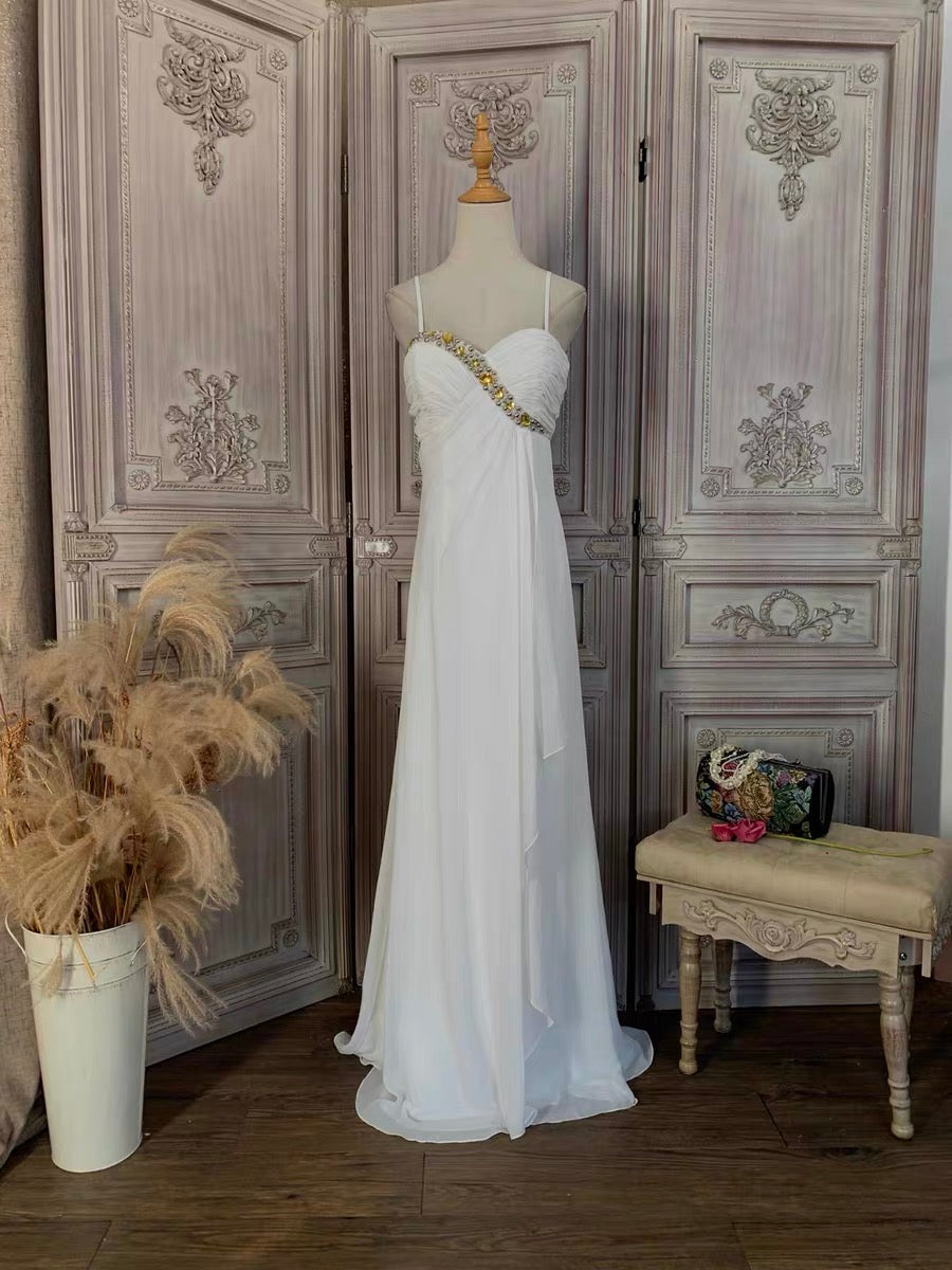 White Chiffon Beaded Empire Waist Evening Gown