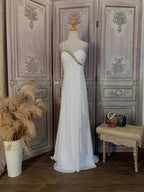 White Chiffon Beaded Empire Waist Evening Gown