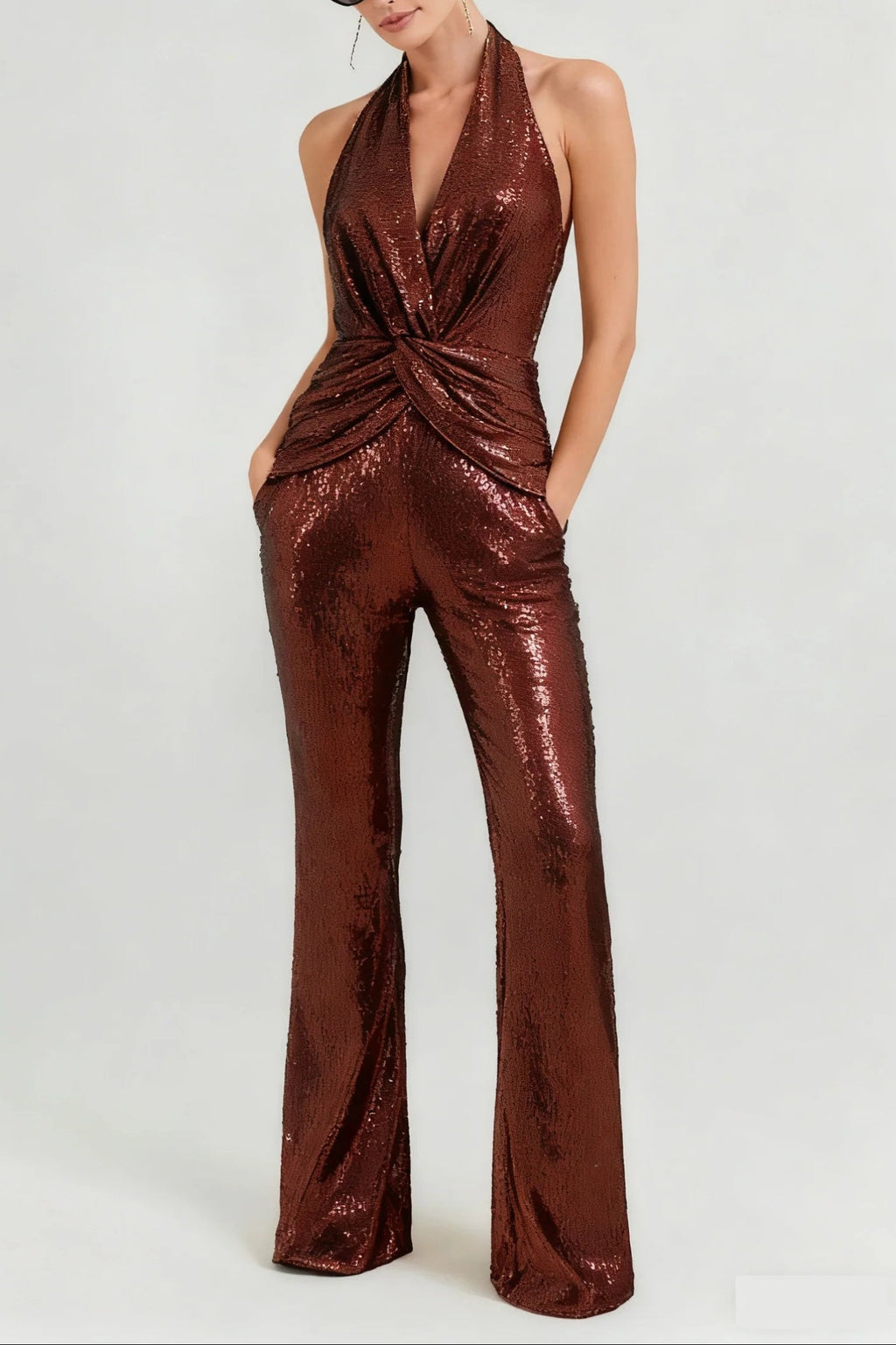 Flowering Girl Women Nora Brown Sequin Halterneck Deep V High Waist Flared Jumpsuit