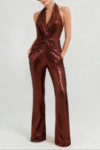 Flowering Girl Women Nora Brown Sequin Halterneck Deep V High Waist Flared Jumpsuit