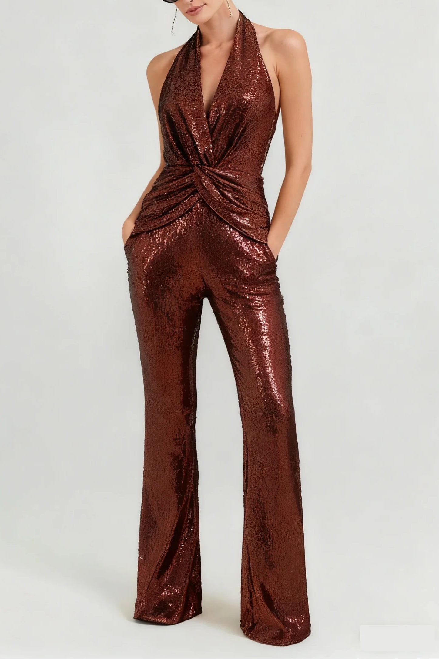 Flowering Girl Women Nora Brown Sequin Halterneck Deep V High Waist Flared Jumpsuit