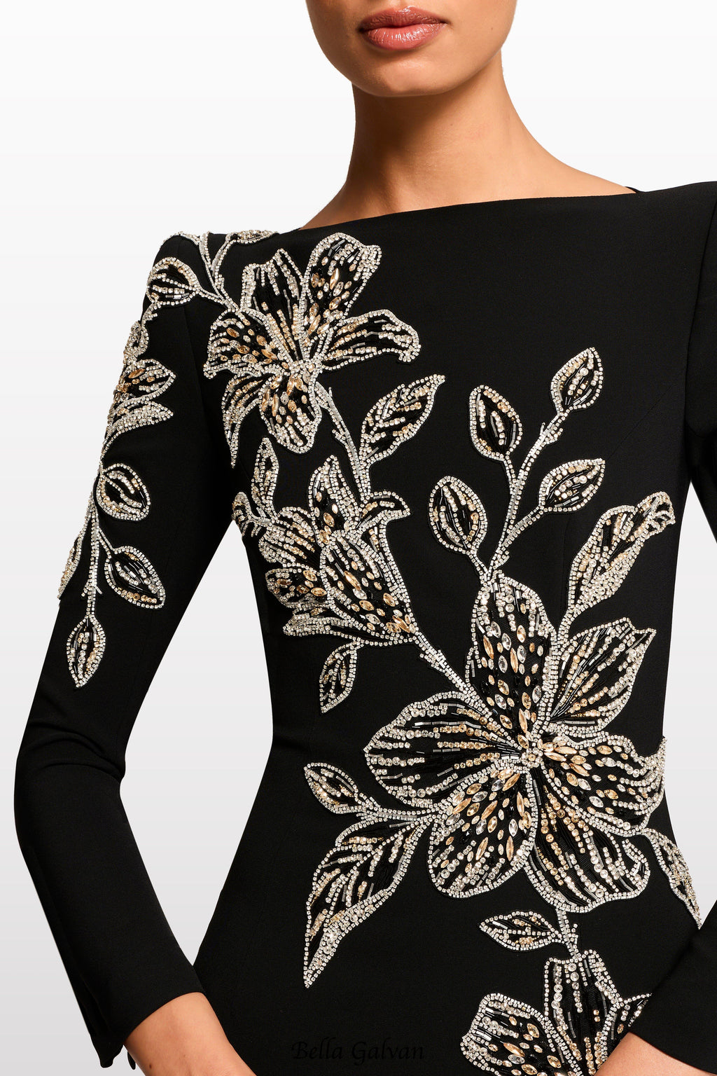 monica rhinestone Orchid Floral-Embellished Maxi Dress in black