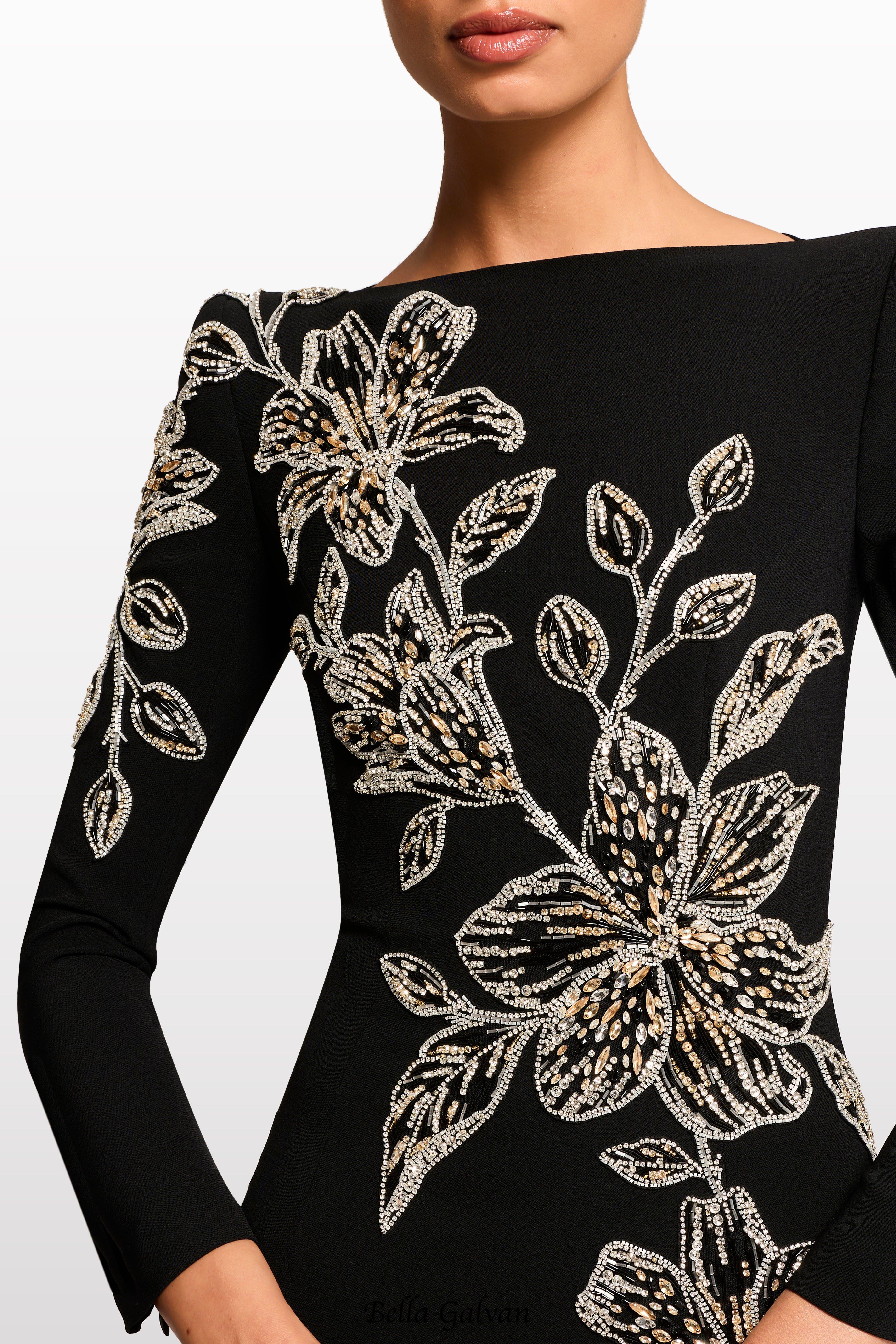 monica rhinestone Orchid Floral-Embellished Maxi Dress in black