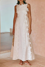 Flowering Girl Women Lace Trim Embroidery Hollow Midi Dress In White