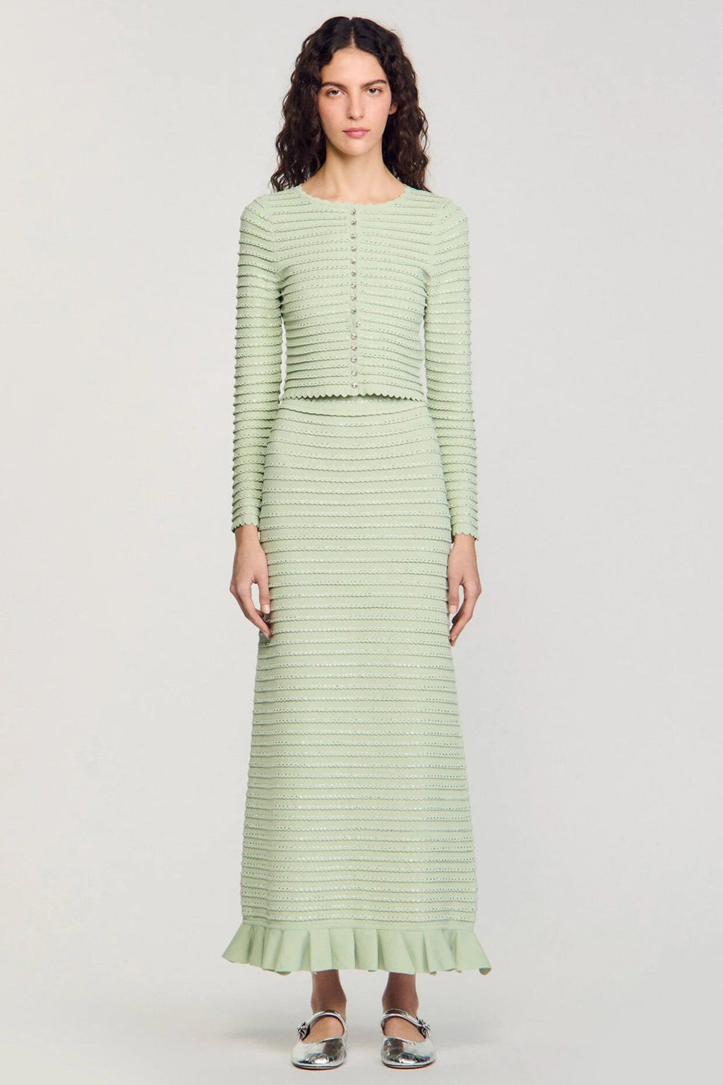 Flowering Girl Women Rhinestone Knit Maxi Skirt In Almond Green