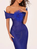 riva feather embellished hollowed sequin bodycon maxi dress in blue
