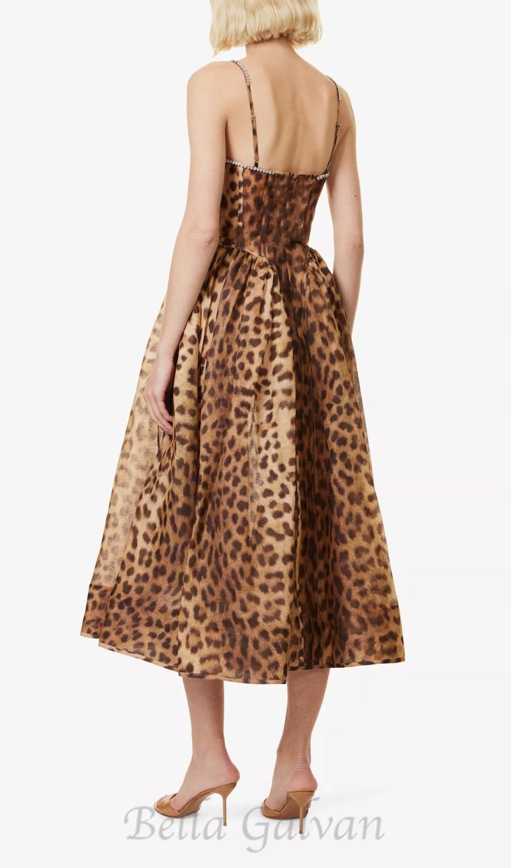 Flowering Girl Women Animal Print Crystal Bustier A Line Midi Dress