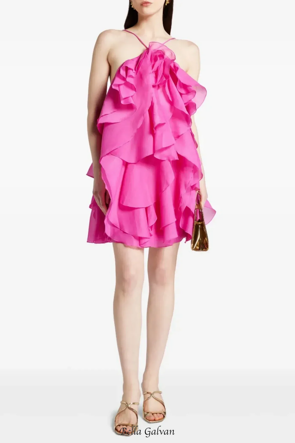 Flowering Girl Women lorraine Halter Floral Ruffle Layered Mini Dress in Fuchsia