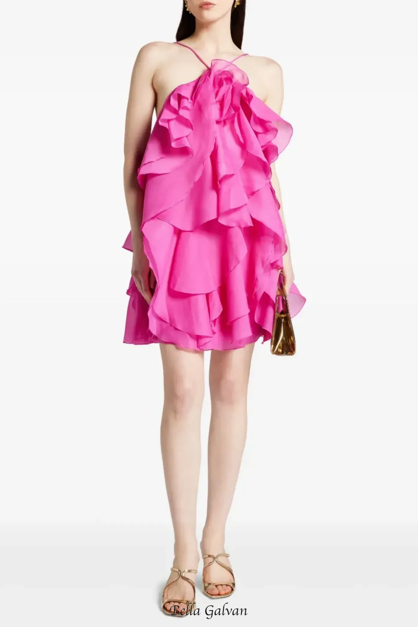 Flowering Girl Women lorraine Halter Floral Ruffle Layered Mini Dress in Fuchsia