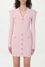 Flowering Girl Women v-Neck Metal Button Knitted Mini Dress In Pink