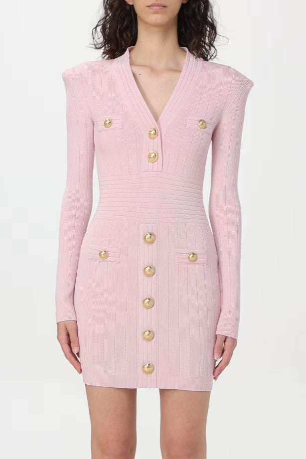 Flowering Girl Women v-Neck Metal Button Knitted Mini Dress In Pink