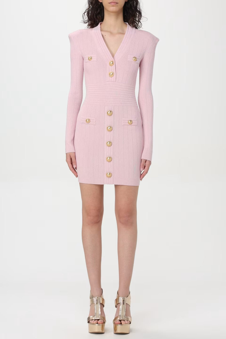 Flowering Girl Women v-Neck Metal Button Knitted Mini Dress In Pink