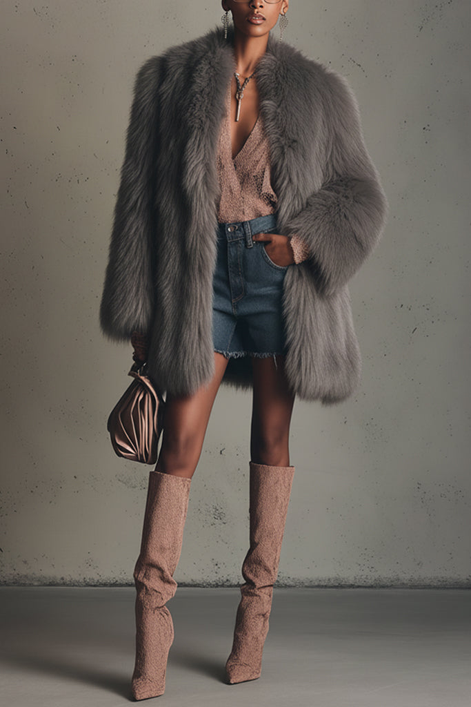 Flowering Girl Women Gray Faux Fox Fur Eco Friendly Long Sleeve Jacket