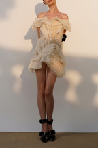 Flowering Girl Women Theia Ruffle Layers Strapless Mini Dress In Beige