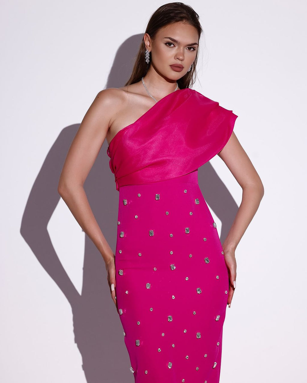 Flowering Girl Women one-shoulder crystal-embellished Bandage maxi dress in rose red