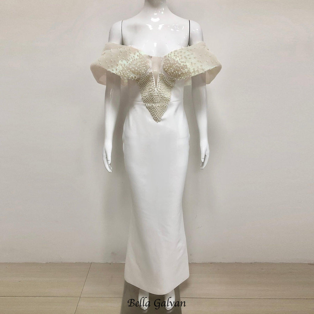 Off-Shoulder pearl embellished bodycon maxi dress in white
