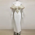 Off-Shoulder pearl embellished bodycon maxi dress in white