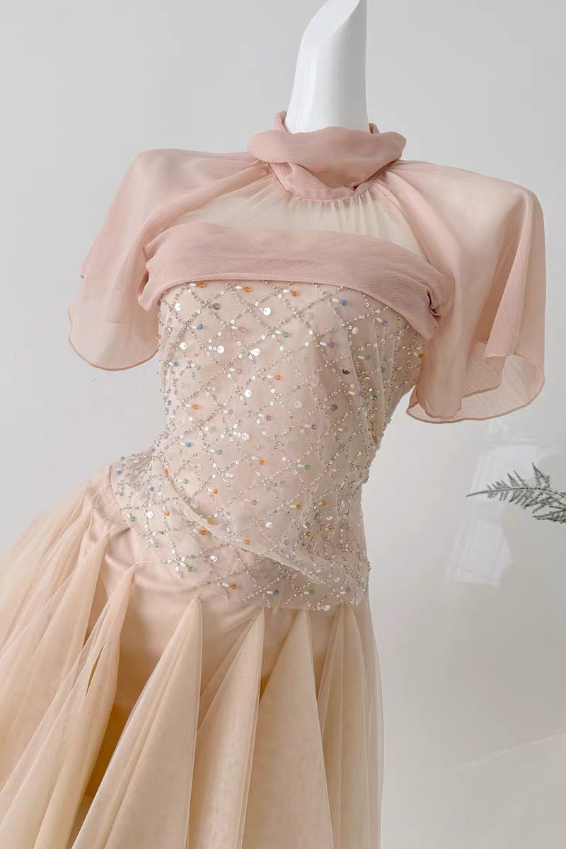 Sheer Mesh Rhinestone High Neck Tulle Mini Dress